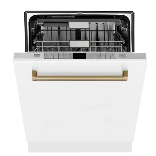 Vista 2 de ZLINE Autograph Edition - Lavavajillas de bañera alta con control táctil de 24 pulgadas, color blanco mate con mango de bronce champán, 51dBa
