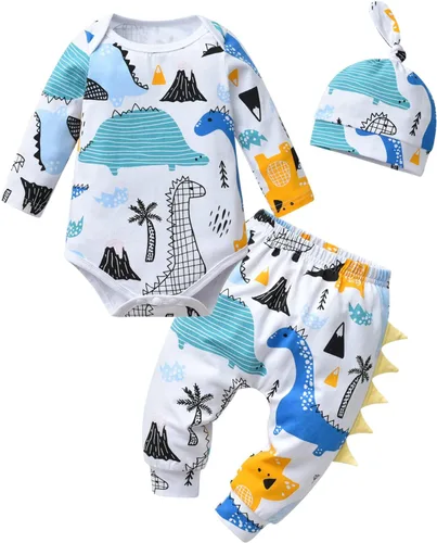 Vista 7 de Conjunto de 3 piezas de ropa de bebé recién nacido con estampado de manga larga + pantalones + sombrero