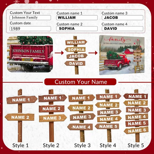 Vista 6 de Easycosy - Lienzo personalizado de Navidad para pared, póster vintage de camión rojo con nombre de familia, impresión en lienzo de Navidad
