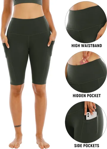 Vista 3 de WHOUARE Paquete de 4 pantalones cortos de yoga con bolsillos para mujer, cintura alta, atléticos, correr, entrenamiento, gimnasio, control de abdomen