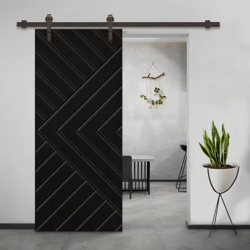 Vista 2 de Chevron Arrow 24 pulgadas x 80 pulgadas. Puerta corredera moderna de MDF manchada de negro totalmente montada con kit de herrajes