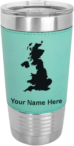 Vista 19 de LaserGram 20oz Vacuum Insulated Tumbler Mug, Country Silhouette United Kingdom, Personalized Engraving Included (Faux Leather, Baseball Style)