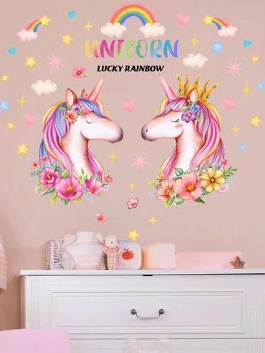 Vista 2 de Decoración de habitación de unicornio para dormitorio de niñas, calcomanías de pared de unicornio, póster de unicornio, calcomanías de arco iris