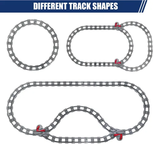 Vista 5 de Juego de 37 pistas de tren – Compatible con todas las principales marcas, pista ferroviaria clásica con 20 curvas, 10 rectas y 2 interruptores