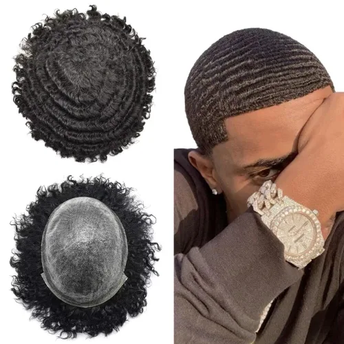 Vista 11 de Afro Toupee para hombres negros, rizado afro ondulado, postizo masculino, piel fina, PU negro, para hombre, tupé, reemplazo de cabello humano