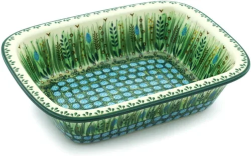Vista 14 de Auténtica cerámica polaca rectangular Baker Signature UNIKAT en camachuelo en serbal diseño hecho a mano en Bolesławiec Polonia por Ceramika