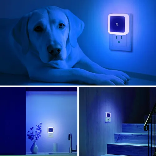 Vista 6 de Paquete de 6 luces nocturnas LED azules enchufables, sensor de atardecer a amanecer encendido y apagado automático, eficientes energéticamente