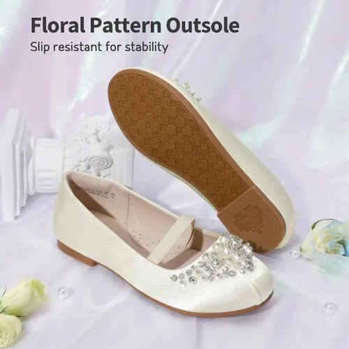 Vista 5 de DREAM PAIRS Zapatos de ballet planos con flores para niñas, Mary Jane, zapatos planos de bailarina para vestido de diariobodafiesta
