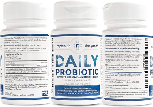 Vista 9 de Replenish the Good Probiótico diario para adultos Suplemento vegano con 6 mil millones de UFC Apoya la salud digestiva Ofrece 15 veces más