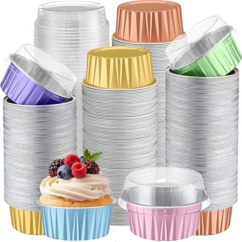 Vista 33 de Gejoy - 400 tazas para hornear de papel de aluminio con tapas, 5 onzas, clásico, negro