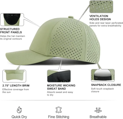 Vista 6 de VOBOOM Gorra de béisbol de secado rápido para hombre, gorra de bola de malla cortada con láser, gorra curvada del Snapback del ala