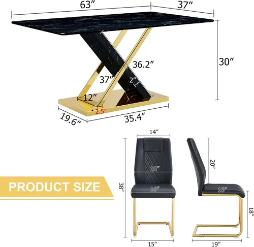 Vista 2 de Juego de Mesa de Comedor de Mármol para 4, Mesa Rectangular Negra de 63 Pulgadas con Marco de Metal Dorado en Forma de X y 4 Sillas de Comedor