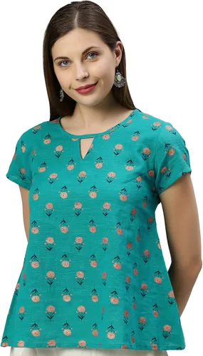 Vista 3 de Janasya Top indio de algodón verde azulado para mujer