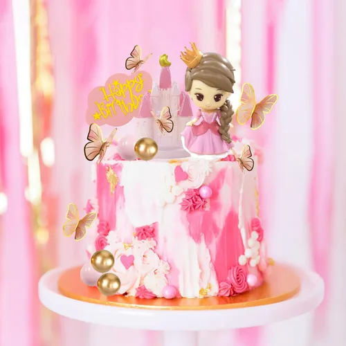 Vista 7 de Decoración de pastel de princesa, decoración de pastel de castillo de princesa rosa, bolas de mariposa, pasteles de feliz cumpleaños, decoración