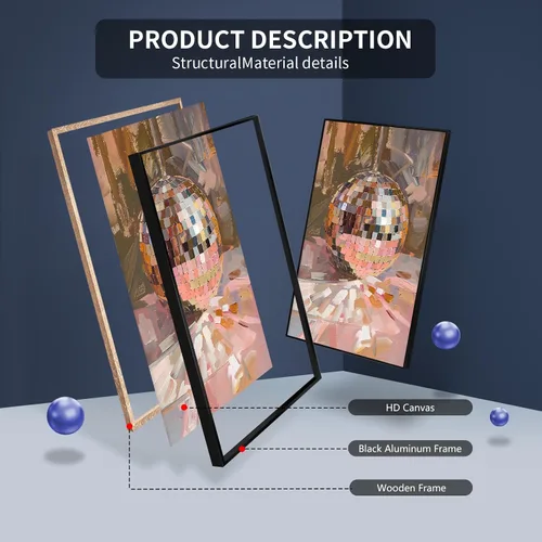 Vista 7 de Arte de Pared en Lienzo de Bola de Discoteca Rosa Suave de Moda, Póster con Textura de Bola de Espejo Plateada Funky para Chica, Impresión