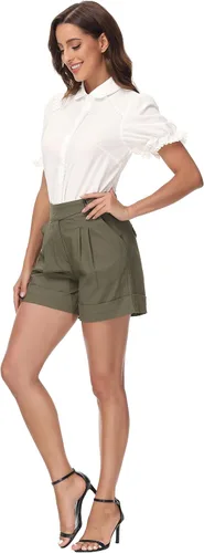Vista 4 de Belle Poque Peter Pan Tops Short Sleeve Office Blouses for Women Casual Puffy Sleeve Shirts Solid Color Tops