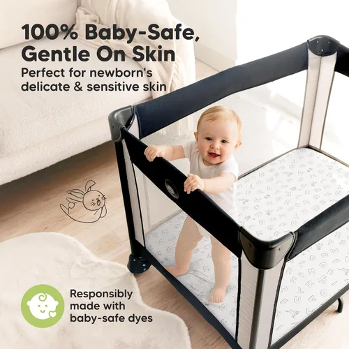 Vista 4 de Sábanas ajustadas para Pack and Play - Paquete de 2 sábanas mini para cuna para Pack N Play, colchón 38x26, ropa de cama suave y acogedora