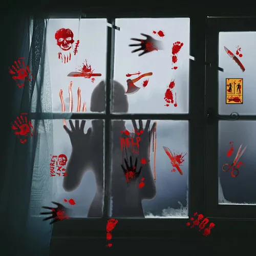 Vista 4 de Decoraciones de Halloween, 8 hojas de huellas de manos sangrientas, calcomanías espeluznantes para ventana, calcomanías de tatuaje, espejo de pared