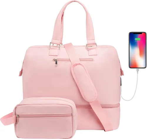 Vista 8 de MINKARS Bolsa de fin de semana con compartimento para zapatos, funda para portátil, puerto de carga USB, Rosado, Bolsa de fin de semana