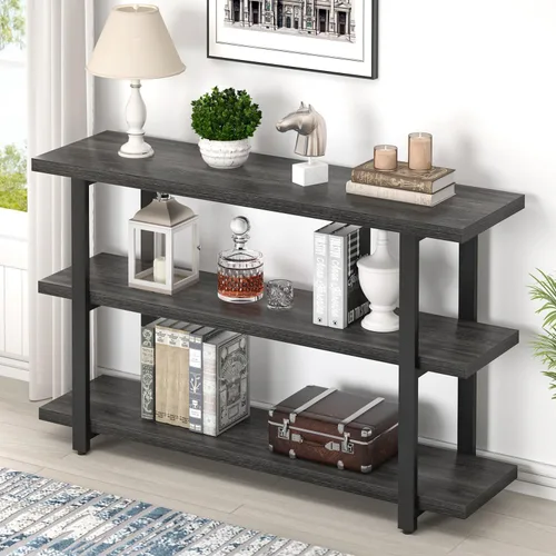 Vista 10 de FOLUBAN Mesa de entrada negra, mesas consola modernas con estantes de almacenamiento de 3 niveles para sala de estar, mesa de sofá de madera y metal