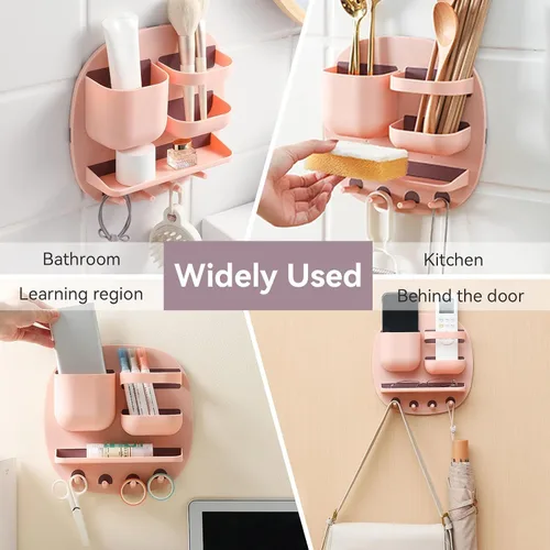 Vista 5 de Estante de montaje en pared, organizador de accesorios de mesita de noche con ganchos, almacenamiento adhesivo para teléfono, control remoto, Rosa