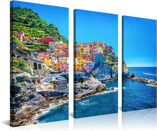 Vista 17 de NAN Wind 3 piezas de lienzo moderno pintura de pared paisaje urbano tradicional puerto mediterráneo mar Cinque Terre Italia costa paisaje impresión