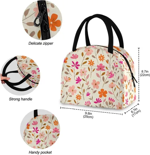 Vista 4 de Pequeñas flores patrón de follaje rosa naranja beige claro portátil lonchera mujeres aisladas bolsas de almuerzo para mujeres para camping bolsos