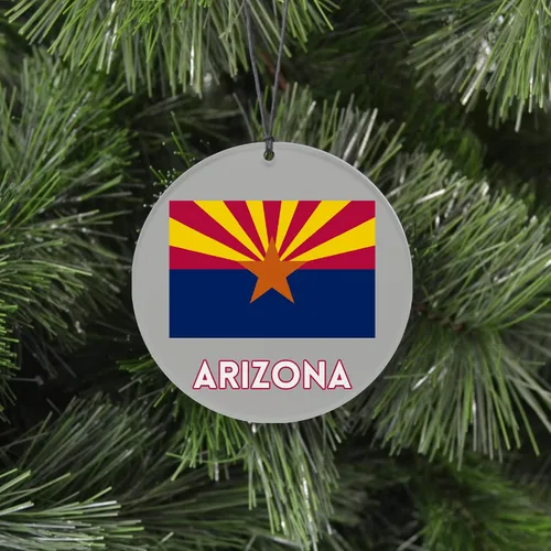 Vista 2 de Adorno navideño de Arizona, diseño festivo con bandera del estado, decoración de disco acrílico colgante 2025 para árbol, único y decoración