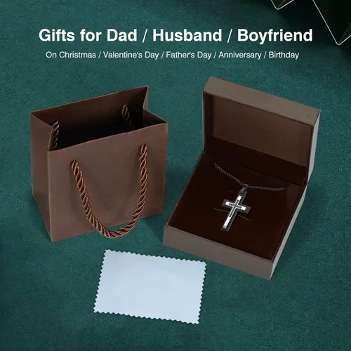 Vista 6 de PAITAIN Collar de cruz para hombres, regalos de cumpleaños para papá, joyería para hombres, papá, chapado en oro blanco, acero de titanio, cruz
