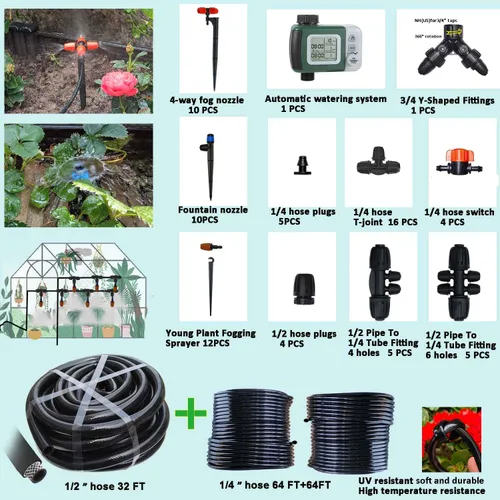 Vista 2 de Sistema de riego por goteo de 160 pies con temporizador de agua para jardín, manguera de agua principal ID 1/2 pulgada 30 pies, 1/4 pulgadas 130