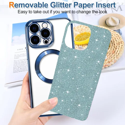 Vista 8 de Hython para iPhone 15 Plus Funda con chispas brillantes, Fundas transparentes magnéticas con protector de lente de cámara [Compatible con MagSafe]