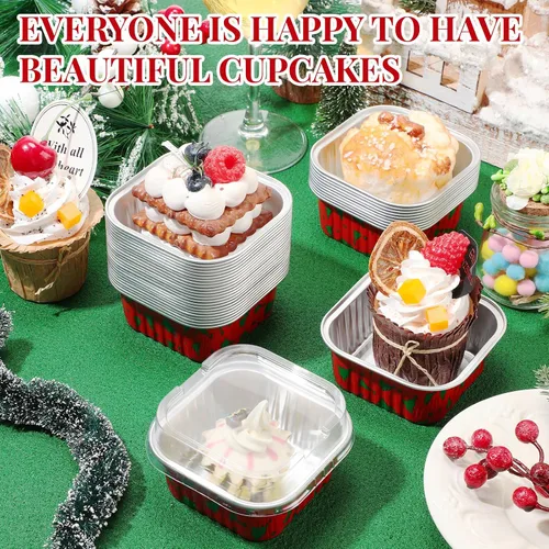 Vista 4 de 100 piezas de tazas de aluminio para Navidad, contenedor de cupcakes de papel de aluminio con tapas, 5 onzas, molde cuadrado de papel de aluminio