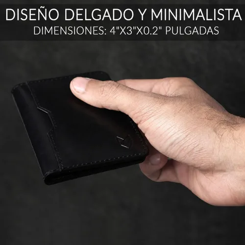 Vista 3 de FOXHACKLE Tarjetero de cuero de grano completo para hombres y mujeres, billetera delgada y plegable con bloqueo RFID, bolsillo frontal delgado Negro
