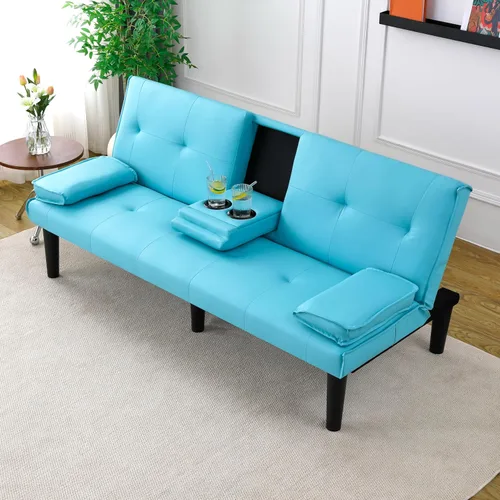 Vista 2 de The 67-Inch Black PVC Multi-Functional Sofa Bed with a Foldable and Cup Holder Design Makes It Extremely Convenient to Turn The Living Room Into a