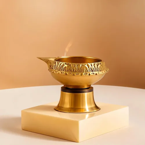 Vista 5 de Hashcart Lámpara de aceite de latón puja hindú, hecha a mano, con diseño grabado - 2,5 pulgadas