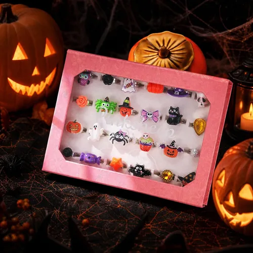 Vista 5 de PinkSheep Anillos de joyería para niña pequeña en caja, 24 encantadores Anillo de Halloween
