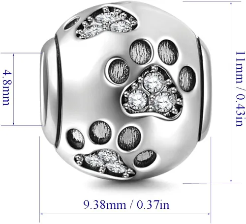 Vista 2 de ENJOOOY Cuentas de plata de ley con estampado de pata de perro con cristales de circonita cúbica para pulseras de cuentas estilo Pandora