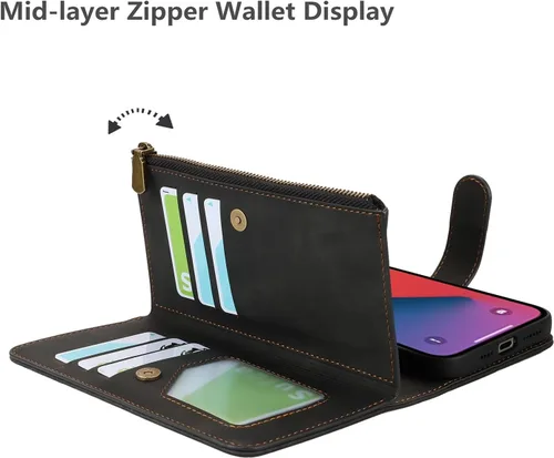 Vista 6 de iCoverCase Compatible con iPhone 13 Pro Max - Funda tipo cartera para teléfono con tarjetero, piel sintética, bolsillo con cremallera, magnética