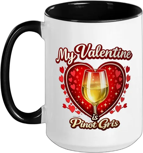 Vista 20 de Pinot Gris Wine Glass Valentine Hearts Love Funny Gift Ceramic Mug, Black/White, 11oz