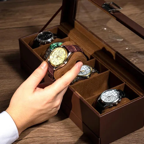 Vista 4 de ProCase Caja para reloj, caja de exhibición de 6 ranuras con cajón, caja de reloj para hombre con tapa de vidrio, organizador de almacenamiento
