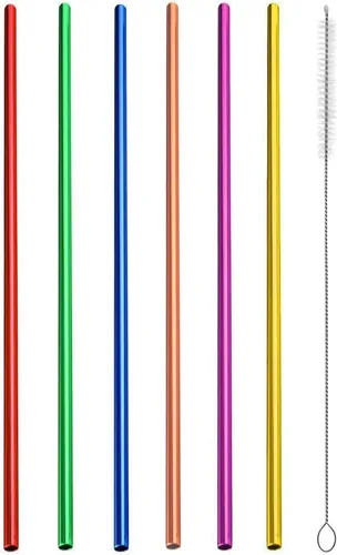 Vista 8 de 6 popotes de 10.5 pulgadas, popotes de acero inoxidable, popotes de metal reutilizables, pajitas de colores arcoíris para 20 vasos de acero