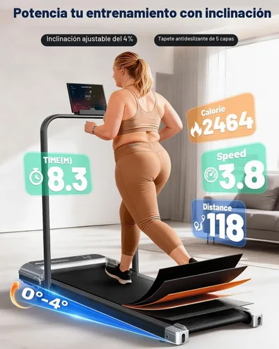 Vista 2 de Caminadora con barra de mango e inclinación ajustable, cintas de correr portátiles compactas para oficina en casa, 2.5 HP silenciosas