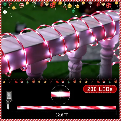 Vista 2 de Hiboom Cuerda de luces de bastón de caramelo de Navidad de 32.8 pies, 8 modos de iluminación al aire libre, impermeable, cuerda de luces de Navidad