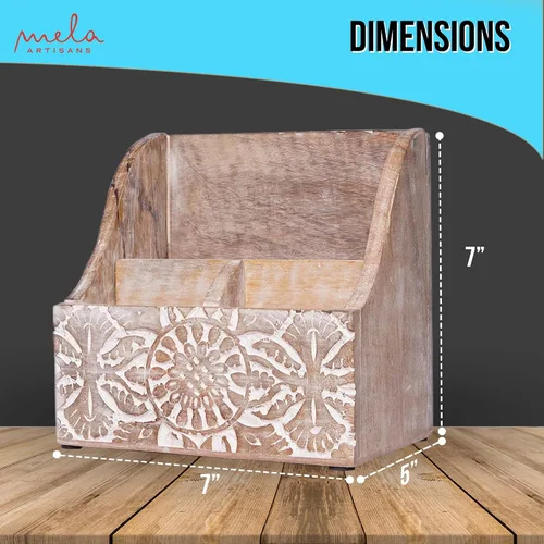 Vista 3 de Mela Artisans Organizador de escritorio de madera blanqueada de 7.2 x 7.3 pulgadas, soporte de correo de madera con almacenamiento de múltiples
