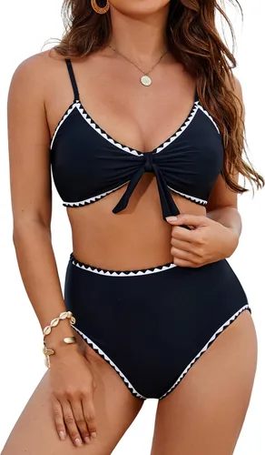Vista 11 de Blooming Jelly - Conjunto de bikini de cintura alta para mujer, de dos piezas, con nudo, trajes de baño de talle alto Bandera americana A9