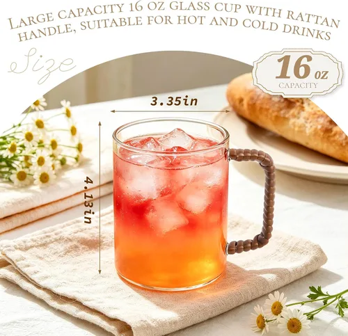 Vista 3 de Juego de 2 tazas de café de vidrio de borosilicato transparente de 16 onzas con mango tejido estilo ratán, taza de café de granja para café