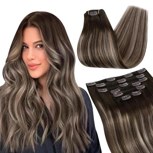 Vista 14 de Ugeat Extensiones de cabello humano con clip de 12 pulgadas, extensiones de cabello balayage con clip, marrón chocolate ombre, extensiones