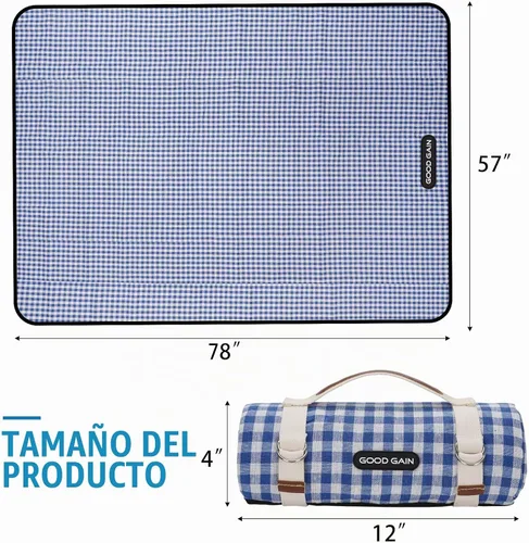 Vista 4 de Mantas de pícnic impermeables grandes y portátiles – Manta de playa plegable con correa de transporte Manta de parque para césped, senderismo Azul