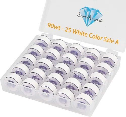 Vista 8 de Simthread 25 piezas de hilo de bobina preenrollado blanco tamaño A clase 15 (SA156) 60WT con caja de plástico de almacenamiento transparente 70D/2
