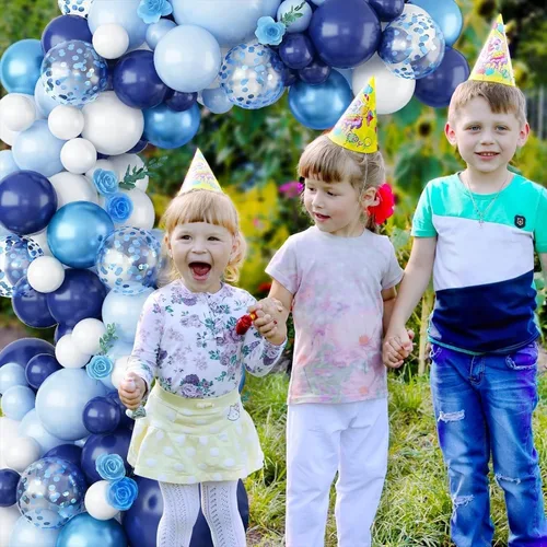 Vista 4 de Kit de arco de globos azules, kit de guirnalda de arco de globos azul marino y blanco con globos de confeti azul claro azul cromado, globos azules